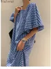 Grundläggande avslappnade klänningar Fashion Square Neck Plaid Puff Sleeve Loose Casual Dress Summer Women Korean Ladies Chic Dresses Elegant Woman Dress 230614