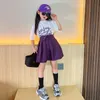 衣料品セットサマーガールズ2 PCSセットベイビーTシャツプリーツスカートキッズスーツ子供用服の服を着たカジュアルレタープリントパープル5-14Y 230613