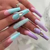 False Nails 3D Fake Green Purple Double Color Long French Coffin Tips With Diamond Glitters Faux Ongles Press On Nail Supplies