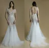 Lliz Martinez Mermaid Wedding Dresses Pärled V Neck Short Sleeve Lace Appliced ​​Backless Bridal Clows Wedding Dress Robe de Marie