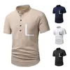 Freizeithemden für Herren, T-Shirt, Bluse, Herren, Knöpfe, Oberteile, schmale Passform, modisch, einfarbig, Taschen, Baumwolle, Leinen, Kragen, Tasche, farblich passendes Hemd