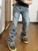 Мужские джинсы Blue Bleached Star Print Embroid High Street Men Loose Straight Vintage Streetwear Средняя джинсовая баки