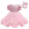 Flickaklänningar födda Baby Girls Charm Lace Bow Princess Dress 2023 Infant Party Dop för dop 1: a födelsedag Vestido