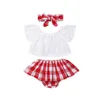 Kledingsets Lioraitiin 3-delige set 0-24M geboren babymeisjeskleding Leuke zomer off-shoulder kanten tops rode geruite korte jurk hoofdband outfit 230613