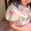 Clothing Sets Girls Blouse Spring Doll Collar Embroidery Flower Kids Shirt All-match Fashion Lovely and Sweet Solid Short Sleeve 230613