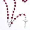 Chains 6mm Vintage Red Color Beaded Cross Pendant Necklace Women Men Geometric Rosary Catholic Religious Jewelry