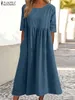 Grundlegende Freizeitkleider ZANZEA Vintage-Kleid O-Ausschnitt Halbarm Feste Kleider Sommer Frauen Mittelkalb Länge Robe Weiblich Kausal Urlaub Sommerkleid Kaftan 230614