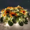 Decorative Flowers For Sale Artificial Summer Autumn Garland Handmade Eucalyptus Leaf Money Grass Sunflower Small Wreath With Led Strip