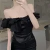 Women's Blouses Ruffled Slash Neck Slim Sexy Shirt Women Summer Flying Sleeve Off Shoulder Woman Blouse Fashion Vintage Elegant Lady Tops