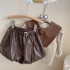 Clothing Sets Children 2023 Spring Autumn Girls Fashionable Korea Style Flower Shirt Small Leather Skirt Three Piece Set