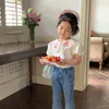 Clothing Sets Girls Blouse Spring Doll Collar Embroidery Flower Kids Shirt All-match Fashion Lovely and Sweet Solid Short Sleeve 230613