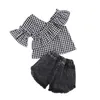 Kleidung Sets 2 Stück Kinder Anzug Set 2023 Sommer Plaid V-ausschnitt Kurzarm Pullover Zerrissene Hosen für Kleinkind Schwarz Weiß 1-7 Jahre