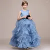 Abiti da ragazza Dideyttawl Abito da festa di compleanno formale di lusso per bambini Abiti da principessa in organza con volant blu Matrimonio floreale