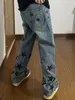 Мужские джинсы Blue Bleached Star Print Embroid High Street Men Loose Straight Vintage Streetwear Средняя джинсовая баки