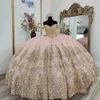 Roze roze prinses Puffy Quinceanera jurken Gillter Gold Applique Tassel Off Shoulder Lace Up Corset Vestidos de Graduacion