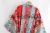 Casual Dresses Boho Queens Women Red Floral Print Sashes Bohemian Kimono Ladies V Neck Batwing Sleeves Maxi Robe Cover-ups J230614