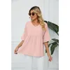 Kvinnors T-skjortor Kvinnor Casual blossed Half Sleeve Loose Chiffon V-ringning Fast målen Pleated Ruffle Flowy Tunic Bluses Peplum Top