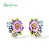 Ear Cuff SANTUZZA Pure 925 Sterling Silver Earrings For Women Shiny Blue Stone Delicate Purple Flower Party Fine Jewelry Handmade Enamel 230614