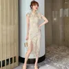 Casual Dresses Fashion Summer Chinese Style Vintage Short Sleeve Midi Party Dress Ladies Elegant Sand Neck Embroidery Floral Split Pencil