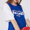 Hip Hop Blue Fake Two Piece Jacket Patchwork Tshirt Women Män Summer Nytryckt Sport Baseball Uniform T-shirt Woman
