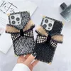 Luxury Fluffy Square Plating Vogue Phone Case for iPhone 14 13 12 11 Pro Max Samsung Galaxy S23 Ultra S22 Plus S21 S20 Rhombow Pattern Fur Bow Back Cover Shockproof