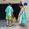 Aile Eşleşen Kıyafetler 2-11y Çocuk Giysileri Kardeş ve Kardeş Yeşil Giysiler Yaz Kore Moda Mürekkebi ve Wash Girl's Dress veya Boy's Shirt 230614