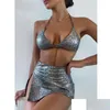 Kadın Mayo Kadınları Deri Yılan SnakePrint Halterneck Split Bikini Mayo Erup üçlü set tasarımcı mayo yaz Surf Dr Dhqla