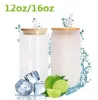 Almacén de EE. UU. Tazas de cerveza de vidrio de sublimación de 16 oz con tapa de bambú Paja Espacios en blanco de bricolaje Vasos transparentes en forma de lata Vasos Cóctel de calor Café helado Soda DHL