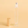 Stylo vide carré en verre transparent de 10ml, bouteille en rouleau avec capuchon doré, boule roulante en acier inoxydable pour huile essentielle, parfum Ebaxi