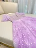 2023 Summer Purple Polka Dot Print Paneled Tulle Dress Short Sleeve Square Neck Sequins Pärlade MIDI Casual Dresses J3L127315