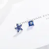 Orecchini a bottone asimmetrico semplice fiore blu argento 925 zircone per donna ragazza Boucle D'oreille S-E648