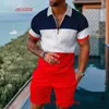 Chándales de los hombres Camisa de polo de la solapa de los hombres Pantalones cortos Conjunto de 2 piezas Suave Cómodo Moda a rayas Ver a través del patrón Ropa deportiva Traje de alta calidad 230615