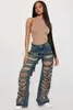 Damen Jeans Sexy High Waist Ripped Burrs Flare Hosen Frauen für Party Club Schlaghosen mit Taschen Loch Skinny Denim Hosen