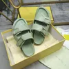 FEEL Leather Slides RAFFIA Double-Band Flat Slide F Men Women Buckle Slippers Straw Slipper Flat Heel Sandal With Box Size35-45