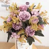 Torkade blommor Autumn Artificial Silk Roses Wedding Home Decoration Bouquet Accessories Fake Peony Hortangea Plant Bride Holding Flower