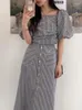 Work Dresses Korean Fashion 2 Two Piece Set Women Outfits Summer 2023 Vintage Striped Puff Sleeve Crop Top Midi Skirt In Matching Sets