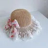 Sombrero Visera De Paja De Punto Con Puntilla Fresa