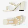 Summer 2023 Women Sandals Shoes Pearl & Crystal embellishment Strappy Block Heels Slip On Mules Ladies Casual Party Dress Flip Flops