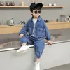 Kleidungssets Mode Jungen Denim Kleidung Set Frühling Herbst Taschen Denim Jacken Jeans 2 Stücke Anzüge 2-10 Jahre Kinder Jungen Outfits 230614