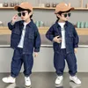 Kleidungssets Mode Jungen Denim Kleidung Set Frühling Herbst Taschen Denim Jacken Jeans 2 Stücke Anzüge 2-10 Jahre Kinder Jungen Outfits 230614