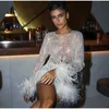 Shinning Long Shirt dress Feather Sleeves Full Mini Dress Set femmes Mesh Shinny Club Competition Summer Dress Sequin Gloss Girls tops Party 2 pièces ensemble