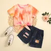 Clothing Sets Toddler Baby Kids Girls Short Sleeve Rainbows Tops Bow Jeans Denim Shorts 2PCS Set Outfits Womens Checke Outfit 230614