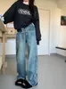 Jeans femme rétro femmes Baggy taille haute brossé pantalon large jambe délavé Denim pantalon femmes décontracté Vintage