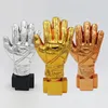 Decorative Objects Figurines 26cm Golden Football Goalkeeper Gloves Trophy Resin Crafts Gold Plated Soccer Award Customizable Gift Fans League Souvenirs 230614