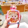 Children's Straw Double Drinking Plastic Cup Magic Bear Cartoon Bounce Cap High Temperature Resistant Large Capacity Water Bottle