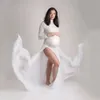 Zwangerschapsjurken Zwangerschaps Pography Props Jurken Rekbare kanten bodysuit met lange mouwen Verwijderbare chiffon splitrok Zwangerschapsjurken Po Shoot 230614