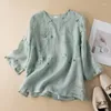 T-shirt da donna Estate Vintage Donna Stile cinese Manica 3/4 Verde Modello Foral Top in cotone e lino Camicia Abbigliamento donna Top casual