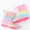 Botlar Çocuk Yağmur Ayakkabıları Erkek Kızlar Sevimli Karikatür Bebek Yağmur Botları Çocuk Yumuşak Slip Slip Rainbow Bowknot Su geçirmez Botlar 230614