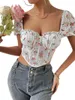 Débardeurs pour femmes Femmes Sexy Dentelle Corset Tops Y2K Floral Puff Sleeve Bustier Crop Blouse Summer Party Streetwear T-Shirts (Blanc M)
