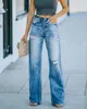 Женские джинсы Женщины Флэр разорванная вымытая высокая девочка винтаж широкий джинсы.